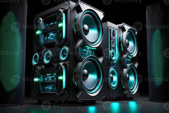 Big and powerful modern sound speakers close up. Audio stereo system