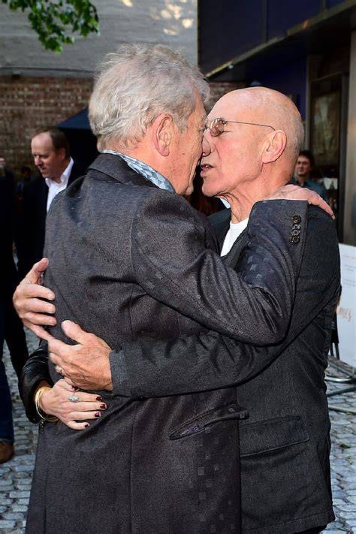 Ian McKellen and Patrick Stewart share a kiss at Mr Holmes premiere Sir ian mckellen, Patrick