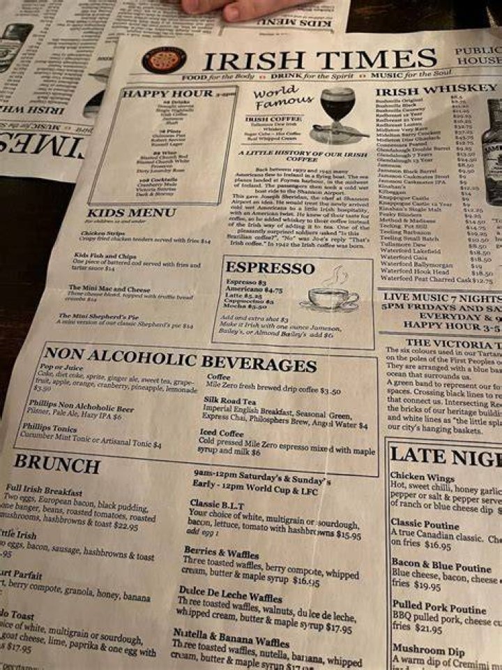 Irish Menu The Irish Times Pub